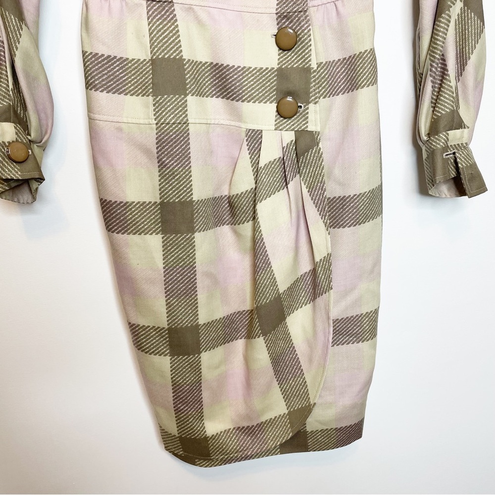 Valentino Boutique Dress Vintage Plaid Button Long Sleeve Tan Pink Made in Italy - Picture 6 of 12